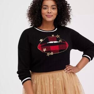 Torrid Black Pullover Crew Neck Sweater with Lips & Sequin Stars